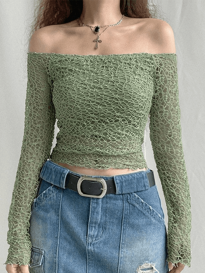 Off Shoulder Mesh Long Sleeve Blouse - AnotherChill