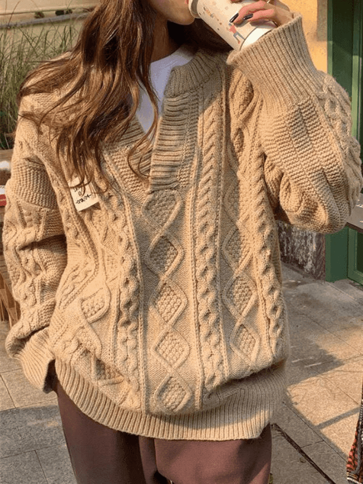 Oversized V Neck Cable Knit Sweater - AnotherChill