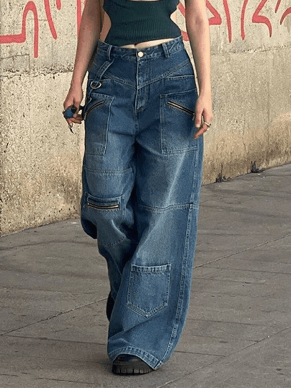 2024 Patchwork Blue Wash Baggy Cargo Jeans Blue S in Jeans Online Store