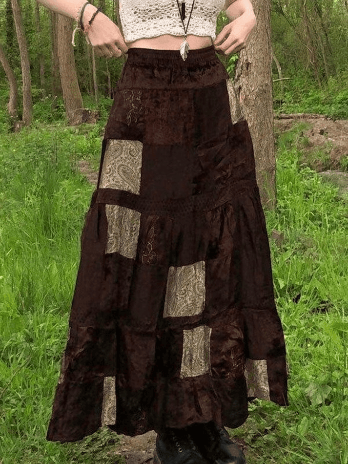 Patchwork Velvet Printed Midi Skirt - AnotherChill