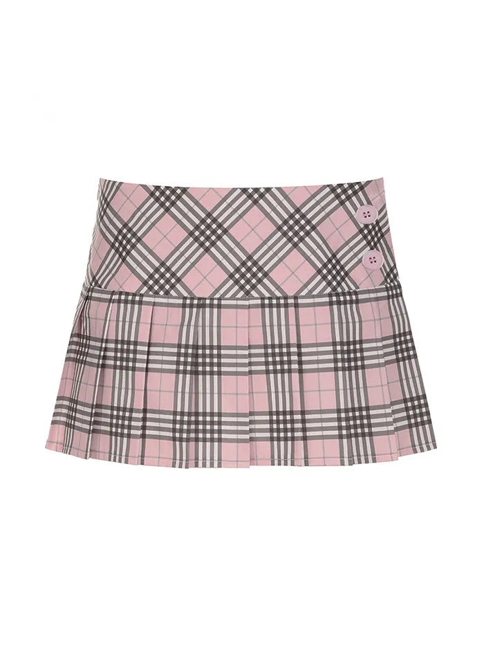 Pink Plaid Contrast Low-Waist Pleated Skirt - AnotherChill