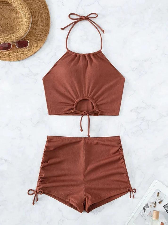 Plain Strappy Smocked Cutout Bikinis - AnotherChill