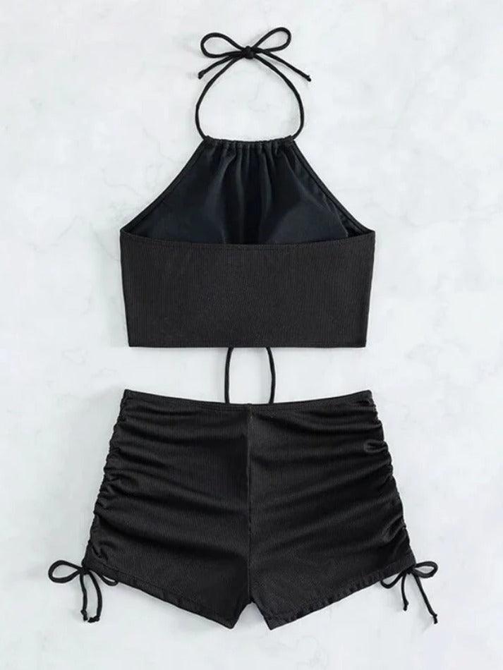 Plain Strappy Smocked Cutout Bikinis - AnotherChill