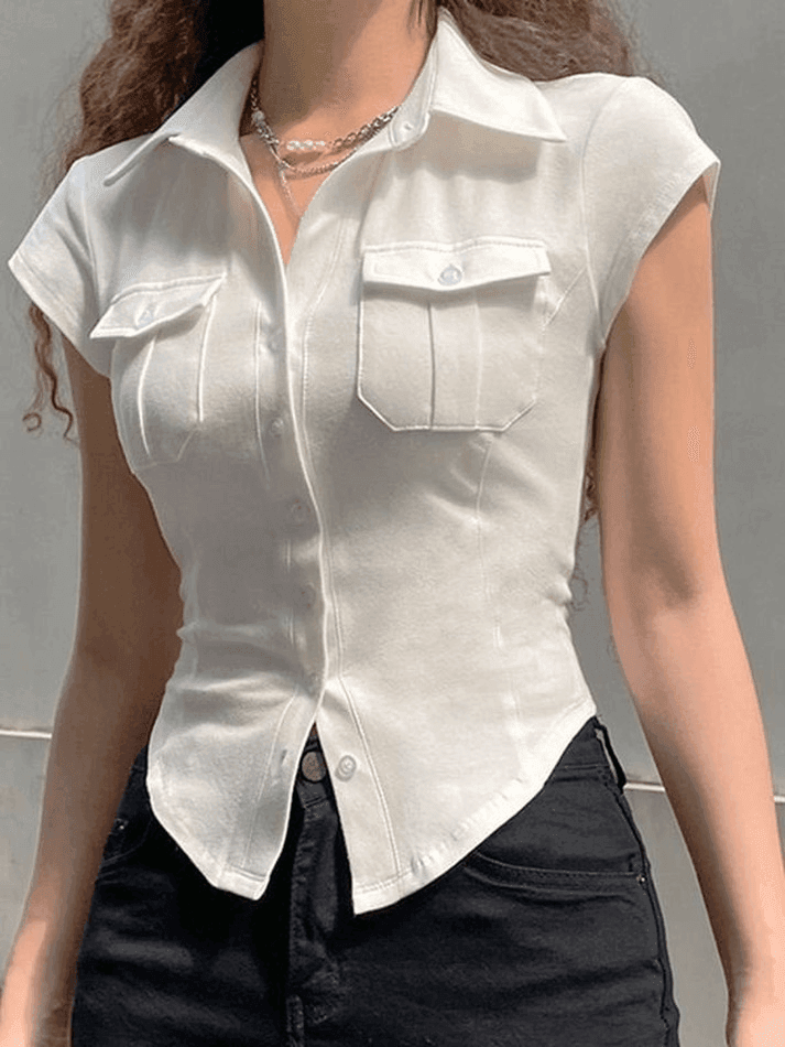 Pocket Button Down Cropped Blouse - AnotherChill