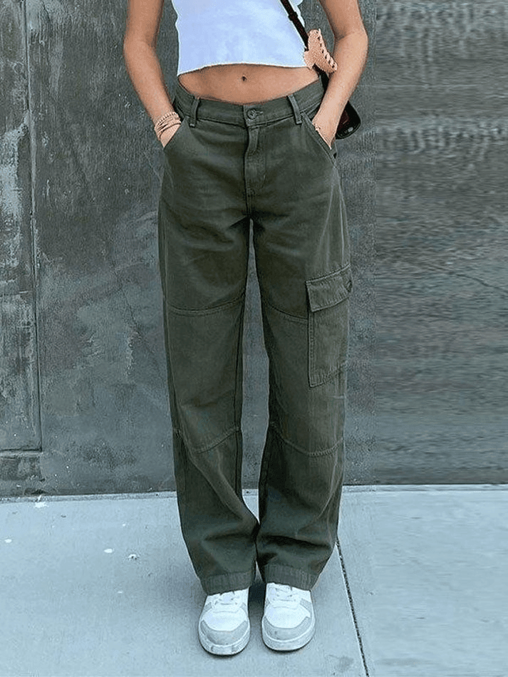 2024 Pocket Patched Straight Cargo Jeans Green S in Jeans Online Store ...