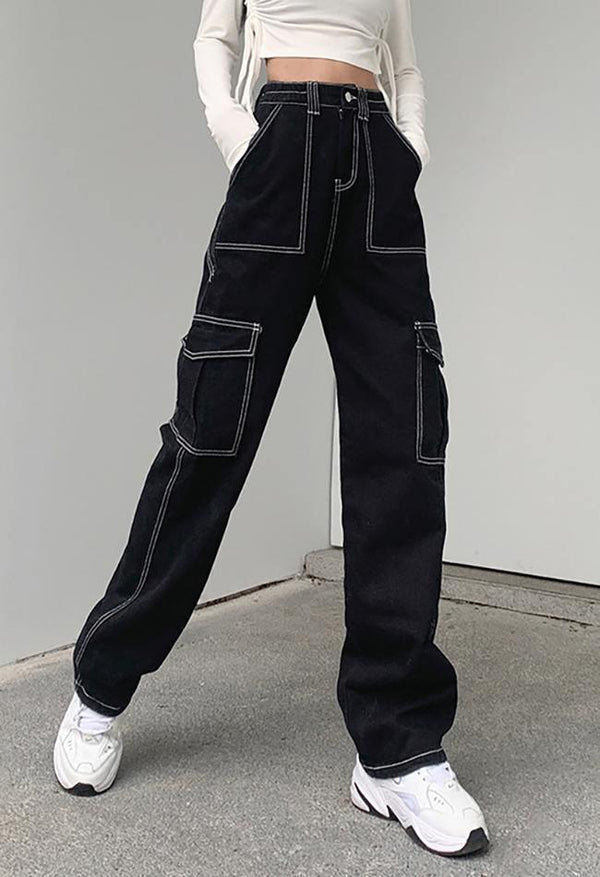 Pocket Stitched High Waist Cargo Jeans - AnotherChill