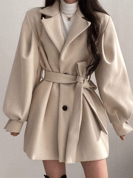 2024 Puff Sleeve Belted Woolen Coat Beige S in Jackets Online