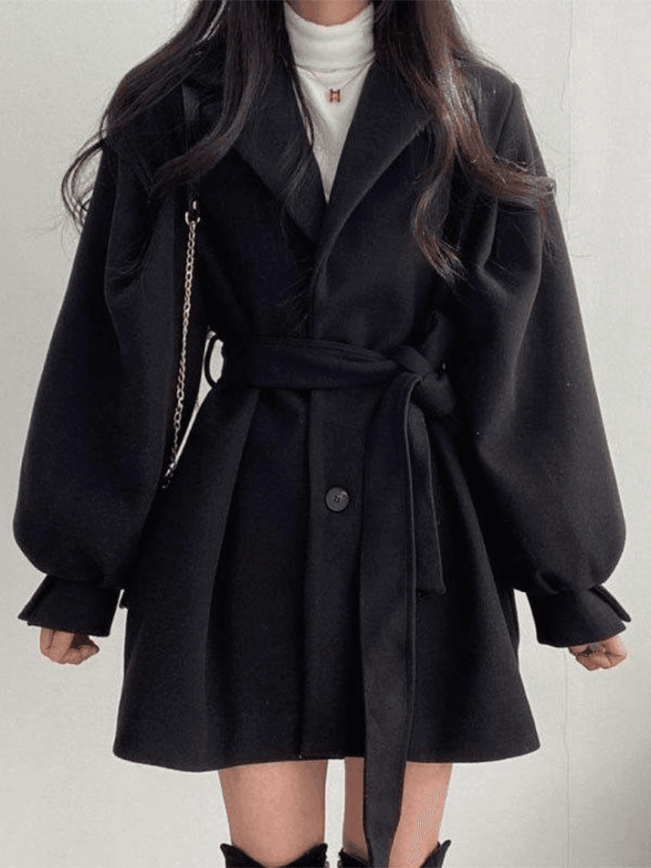 Puff Sleeve Belted Woolen Coat - AnotherChill