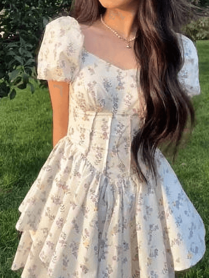 Puff Sleeve Floral Corset Mini Dress - AnotherChill