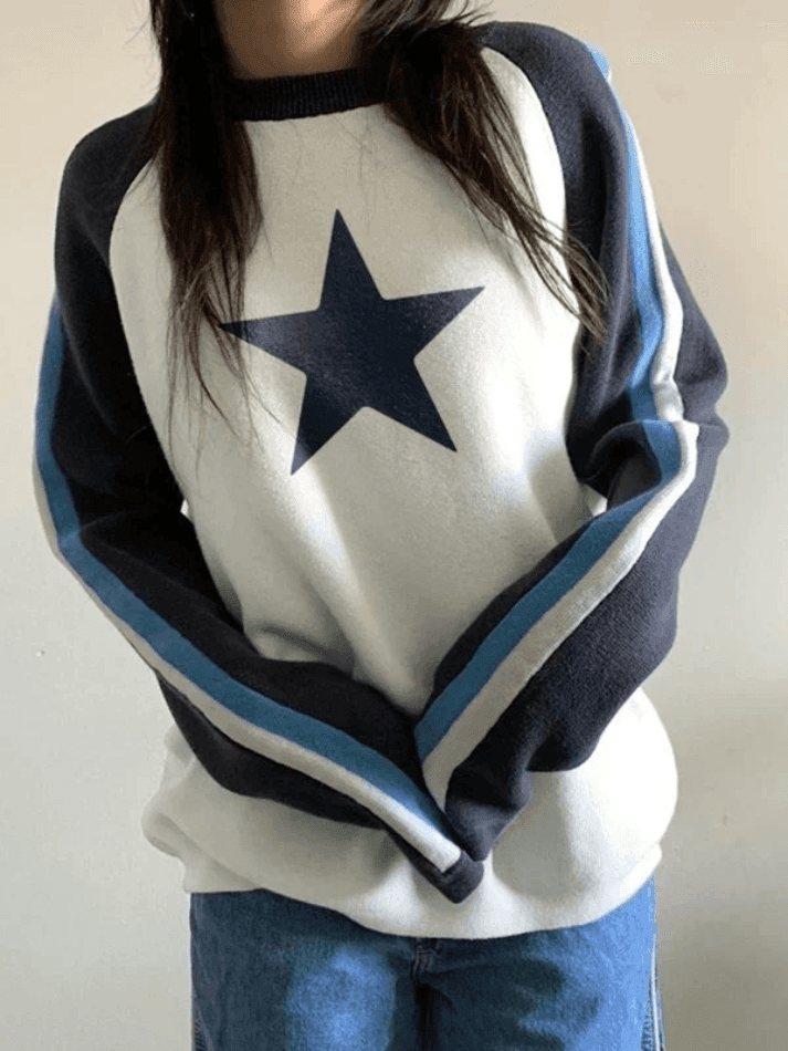 Raglan Sleeve Star Print Pullover Sweater - AnotherChill