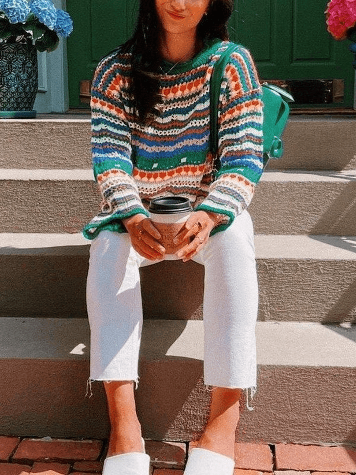 Rainbow Stripe Crochet Knit Sweater - AnotherChill