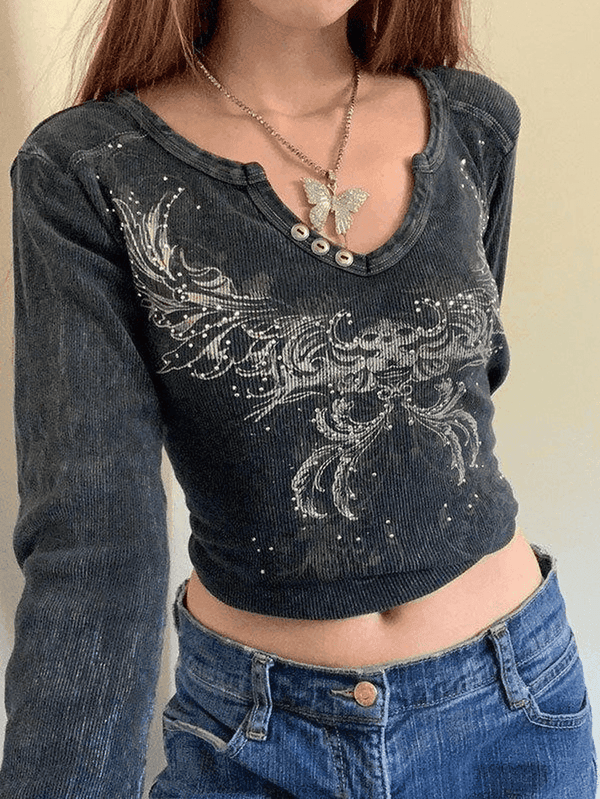 Rhinestone Detail Long Sleeve Crop Top - AnotherChill