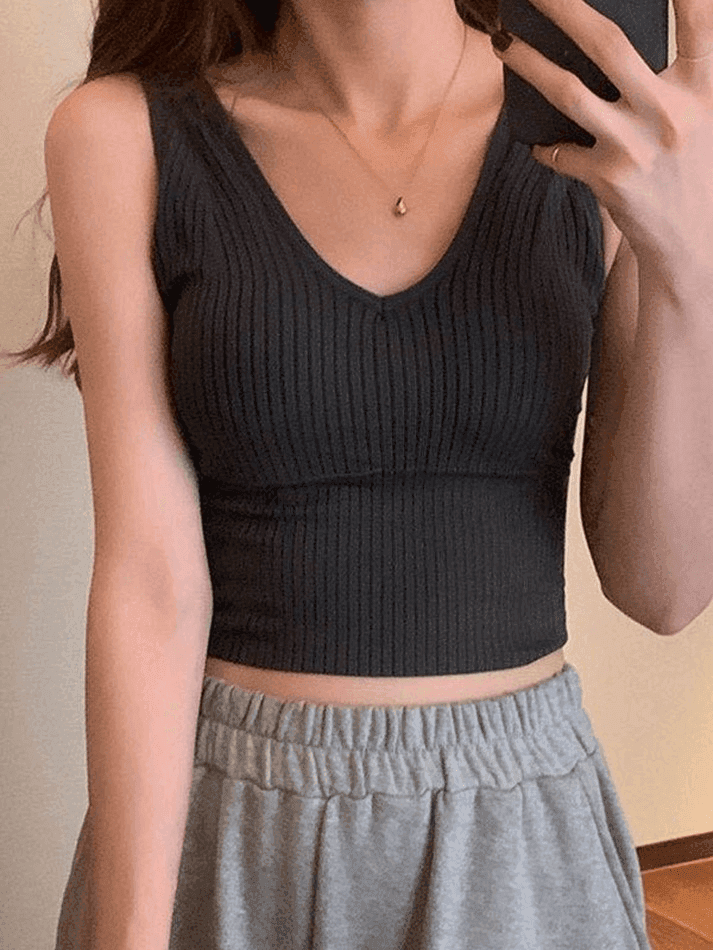 Rib V Neck Cropped Tank Top - AnotherChill