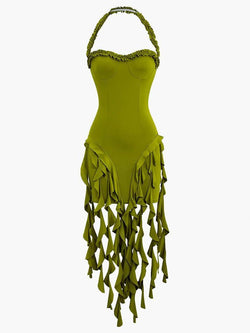 Ruffle Tassel Halter Bustier Mini Dress - AnotherChill