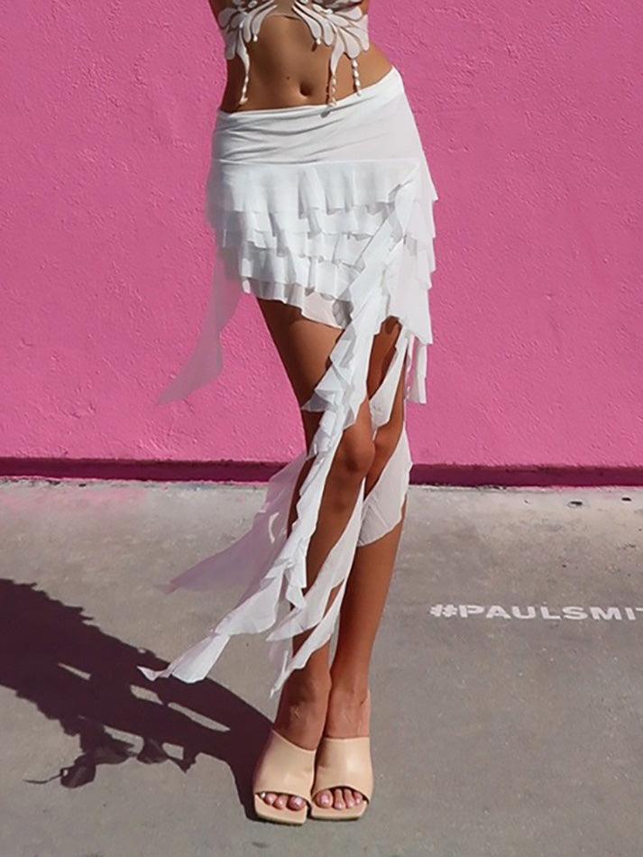 Ruffled Mesh Asymmetrical Mini Skirt - AnotherChill