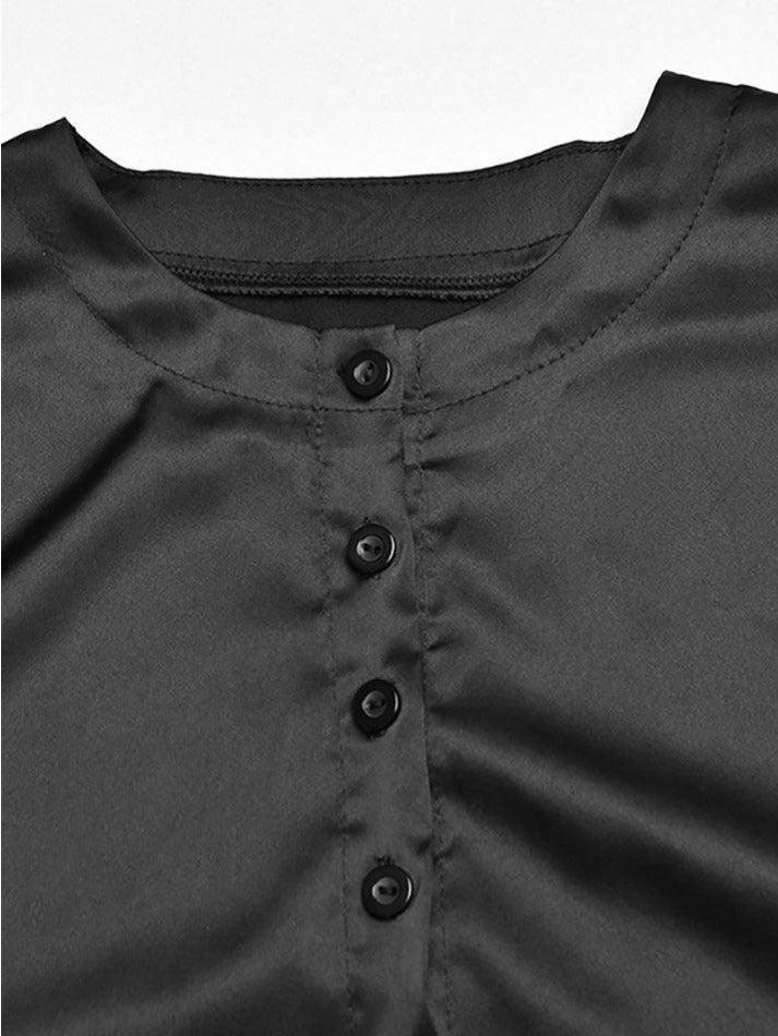 2024 Satin Long Sleeve Buttoned Crop Blouse Black S in Shirts Online ...