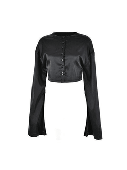 Satin Long Sleeve Buttoned Crop Blouse - AnotherChill