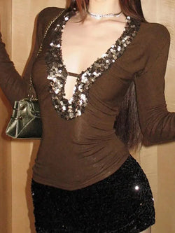 Sequin Deep V-Neck Contrast Top - AnotherChill