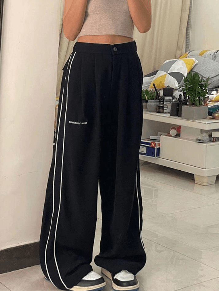 2024 Side Piping Pleated Wide Leg Pants Black M in Pants Online Store ...