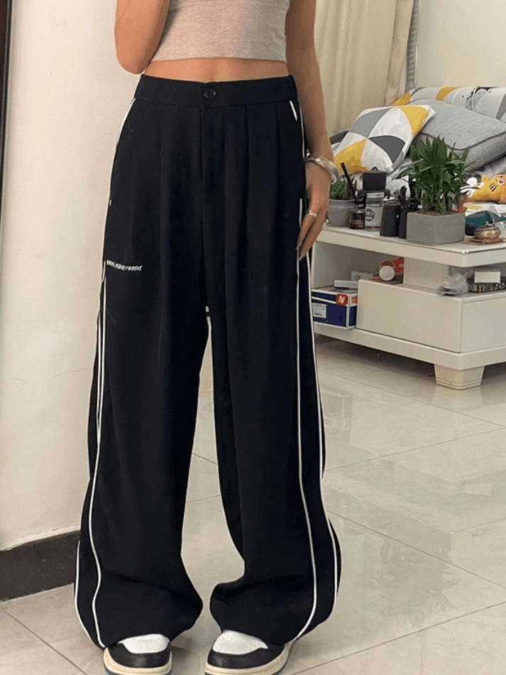 2024 Side Piping Pleated Wide Leg Pants Black M in Pants Online Store ...