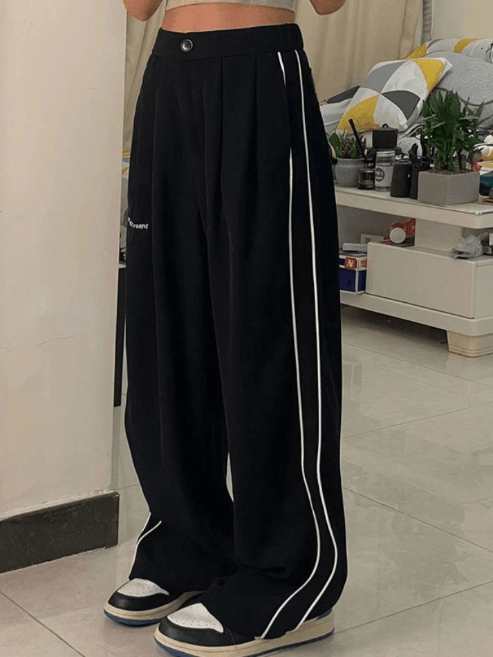 2024 Side Piping Pleated Wide Leg Pants Black M in Pants Online Store ...