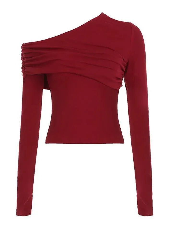 Solid Color Asymmetrical Ruched Long Sleeve Top - AnotherChill