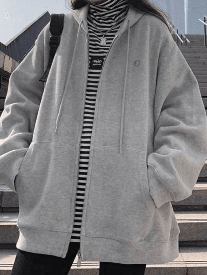 Solid Color Oversized Zip Up Hoodie - AnotherChill