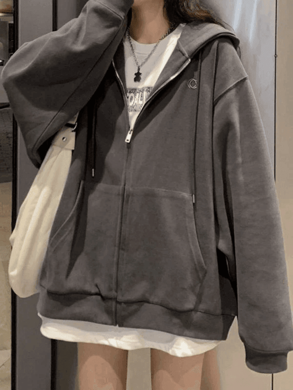 Solid Color Oversized Zip Up Hoodie - AnotherChill