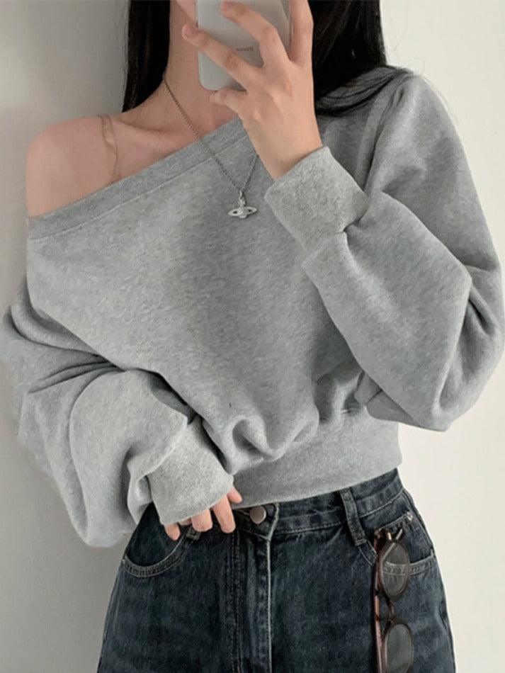 Solid One Shoulder Short Sweatshirt - AnotherChill