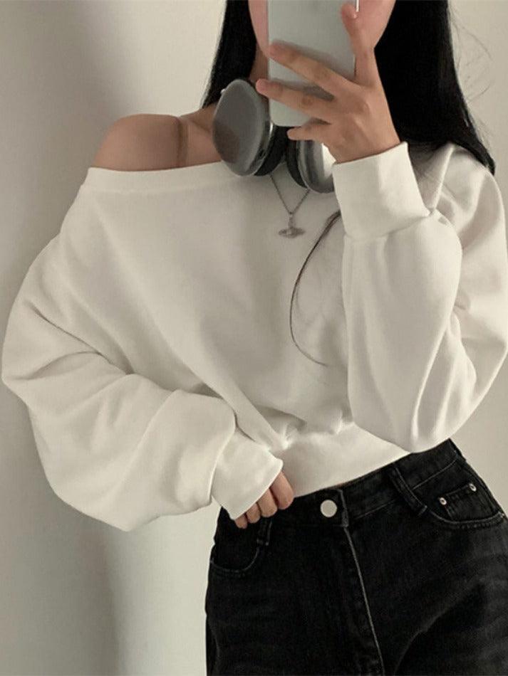 Solid One Shoulder Short Sweatshirt - AnotherChill