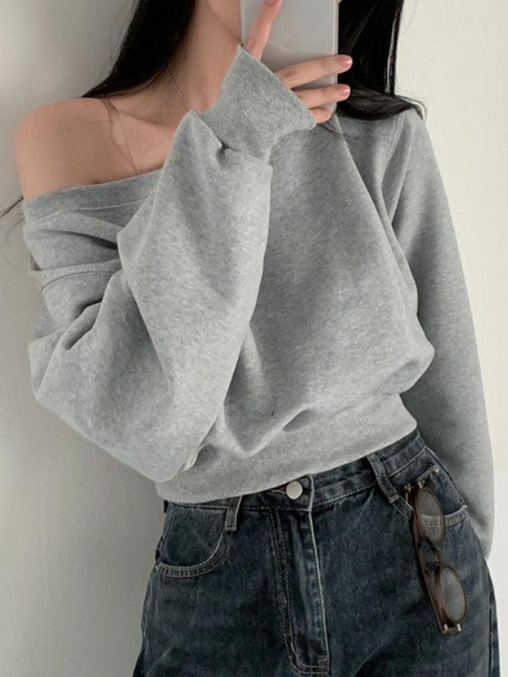 Solid One Shoulder Short Sweatshirt - AnotherChill