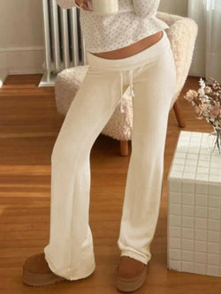 Solid Turned Waist Tie Up Flare Leg Pants - AnotherChill