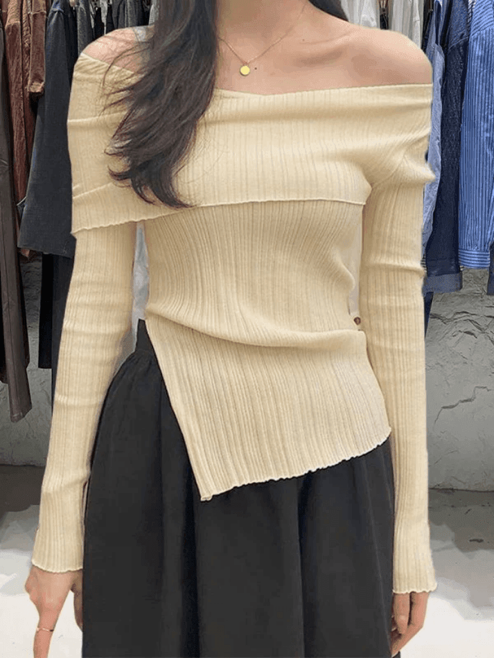 Split Off Shoulder Ribbed Knit Top - AnotherChill