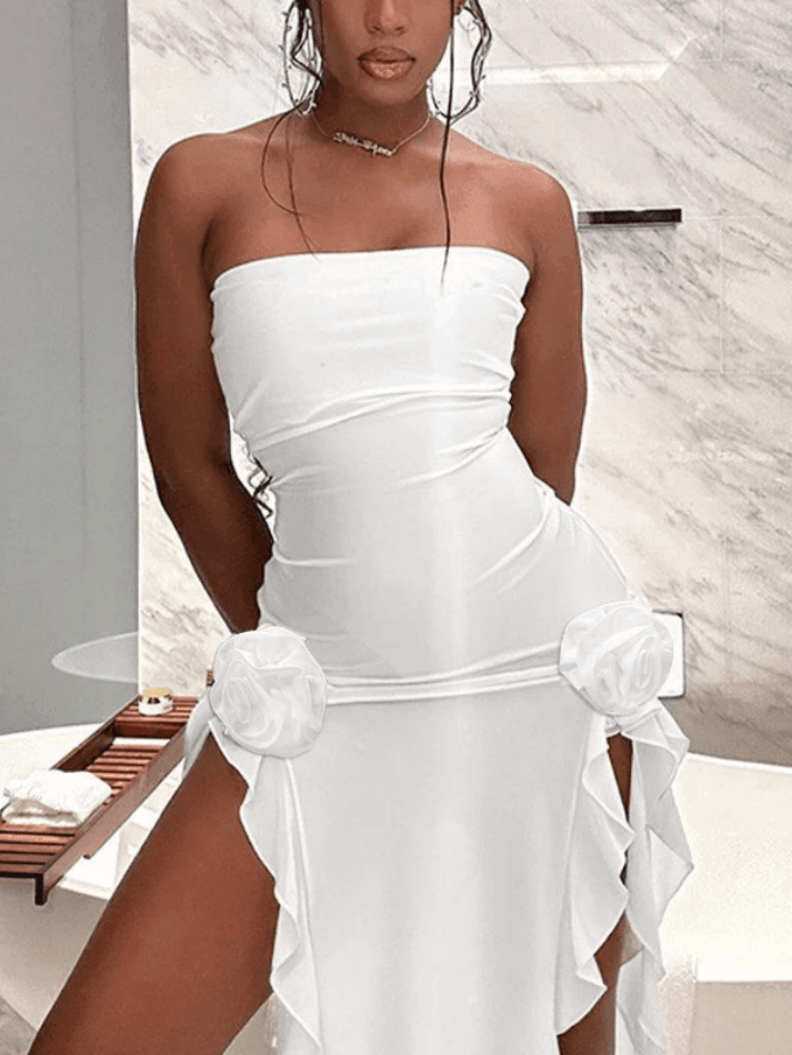 White / S - Caroline Mesh Ruffle Strapless Pleated Dress – SunsetFashionLA