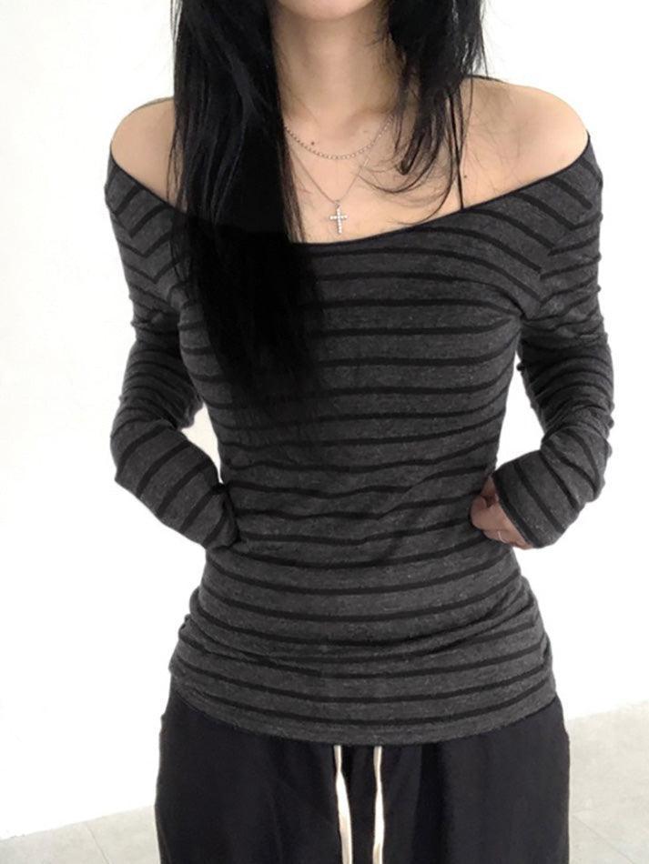 Striped One Shoulder Long Sleeve Tee - AnotherChill