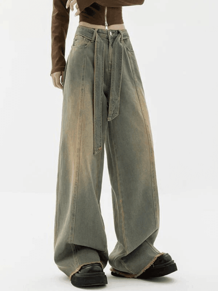 Tie Strap Seam Detail Boyfriend Jeans - AnotherChill