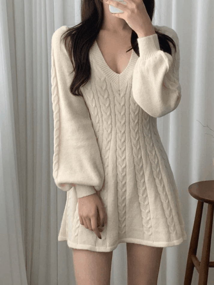 V Neck Cable Knit Long Sleeve Mini Dress - AnotherChill