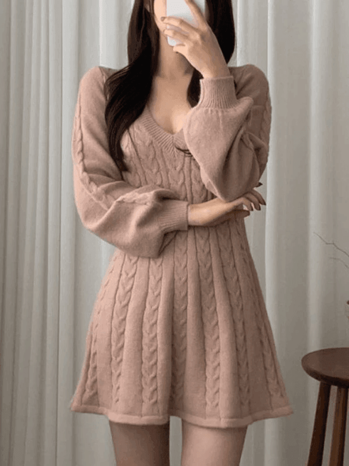 V Neck Cable Knit Long Sleeve Mini Dress - AnotherChill