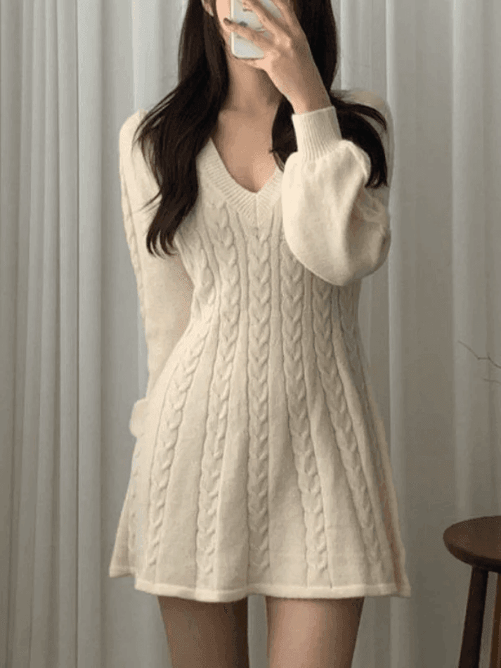 V Neck Cable Knit Long Sleeve Mini Dress - AnotherChill