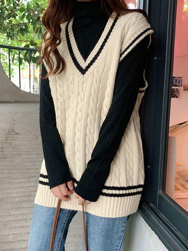 2024 V Neck Cable Knit Sweater Vest Beige S in Sweaters Online Store ...