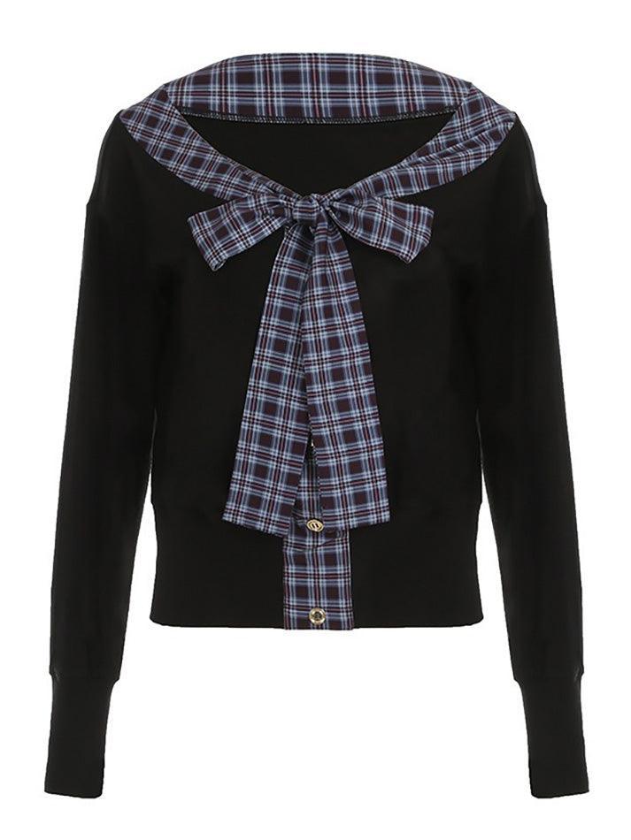 V-Neck Plaid Tie Bow Contrast Long Sleeve Top - AnotherChill