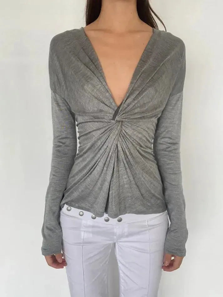 V-Neck Ruched Fitted Long Sleeve Top - AnotherChill