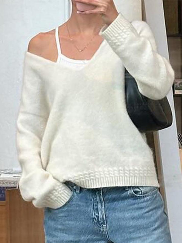 V Neck Solid Color Oversized Sweater - AnotherChill