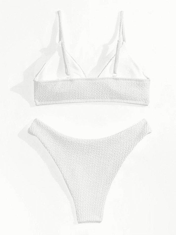 V Neck Solid Smocked Bikini Set - AnotherChill