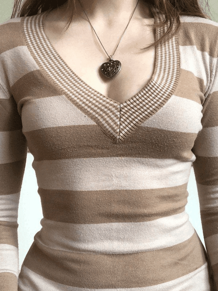 V Neck Striped Knit Top - AnotherChill