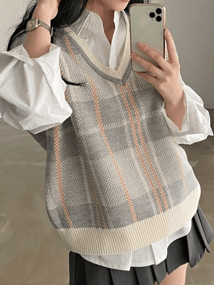 Vintage Checkered V Neck Sweater Vest - AnotherChill