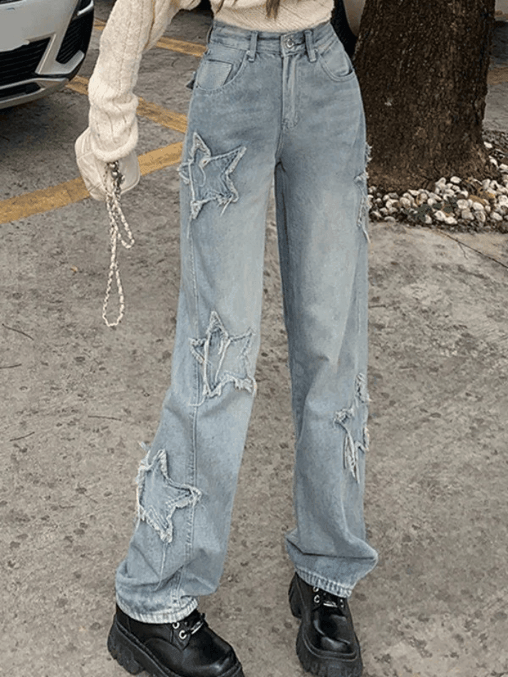 2024 Vintage Distressed Star Patch Boyfriend Jeans Blue S in Jeans ...