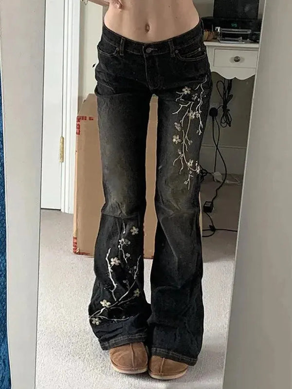 Vintage Floral Embroidery Gradient Jeans - AnotherChill