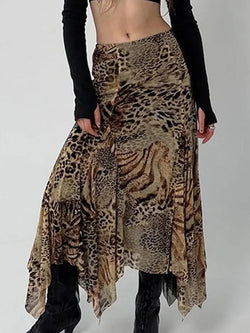 Vintage Leopard Print Asymmetrical Hem Midi Skirt - AnotherChill