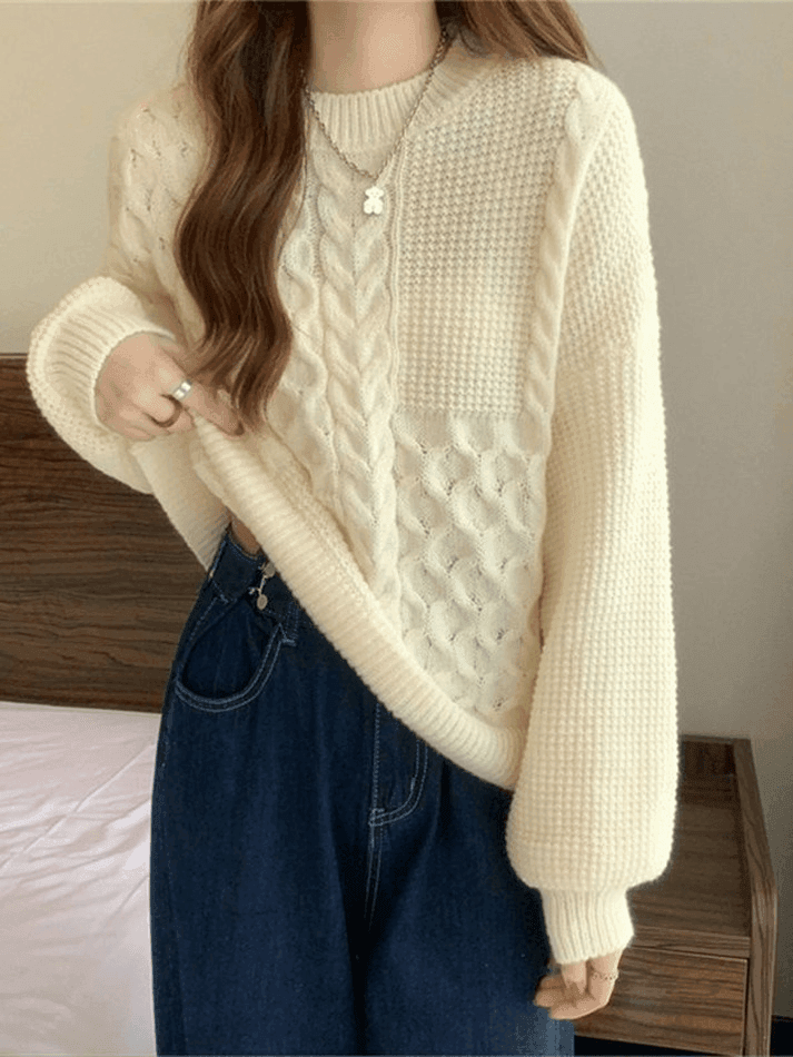 2023 Vintage Long Sleeve Cable Knit Sweater Blue ONE SIZE in